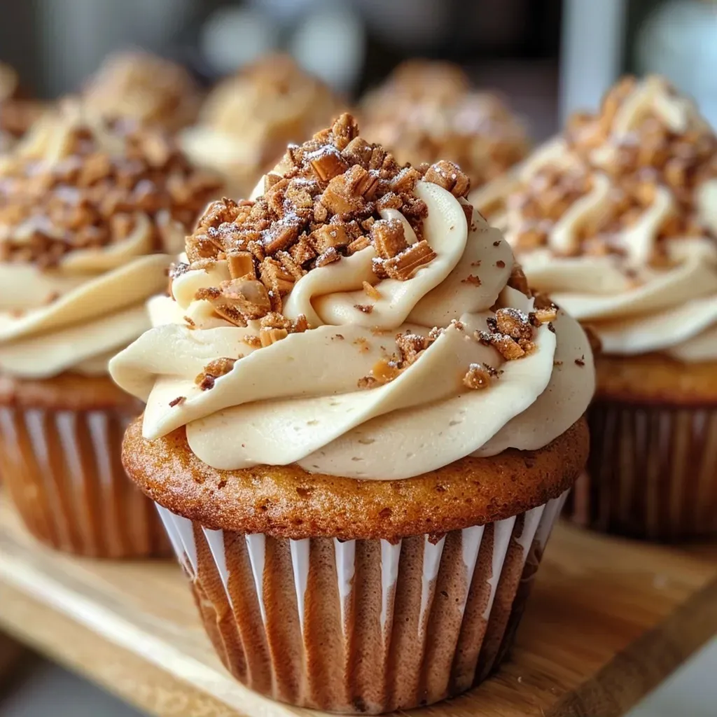 A side view of moist Kürbis cupcakes with a rich chocolate chip topping and creamy frosting.