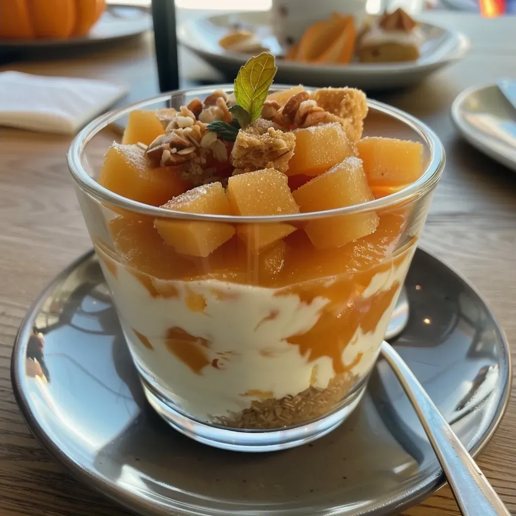 Side perspective of a glass filled with Kürbis dessert, featuring vibrant orange pumpkin puree.