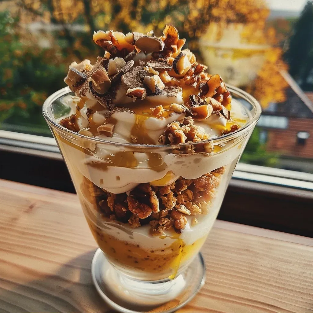 Close-up of a decadent Kürbis dessert featuring a rich orange hue, with pumpkin and nut toppings.