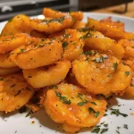 Close-up view of golden-brown Hokkaido pumpkin pieces in an Airfryer basket.