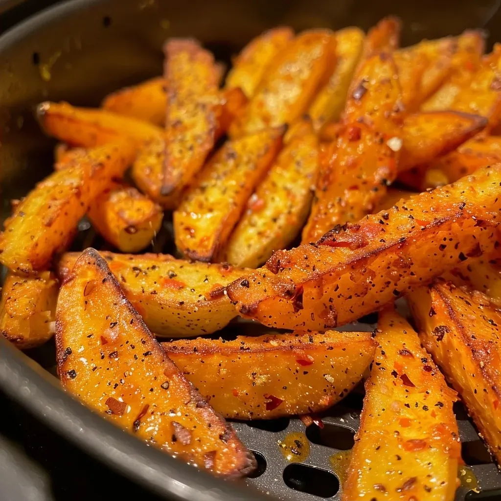 Close-up of juicy Hokkaido pumpkin pieces cooked in an air fryer, garnished with seasoning.