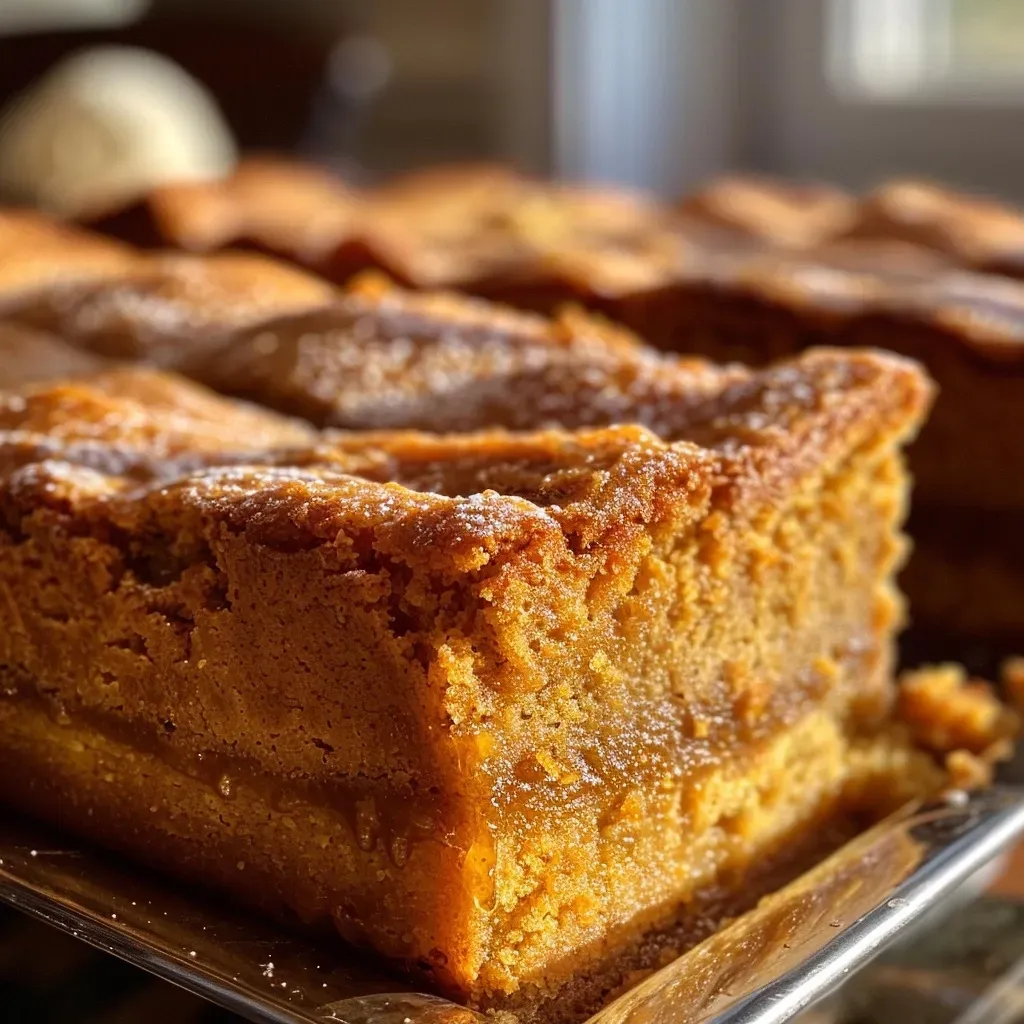 Close-up view of a slice of Kürbis-Karamell-Butterkuchen topped with caramel drizzle and whipped cream.