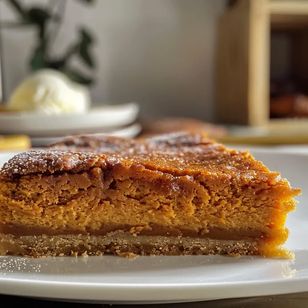 Close-up view of a slice of Kürbis-Karamell-Butterkuchen topped with caramel drizzle and whipped cream.