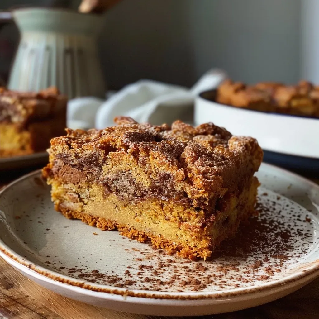 Side view of a slice of Kürbis-Pekannuss-Kuchen showcasing its moist texture and pecan topping.