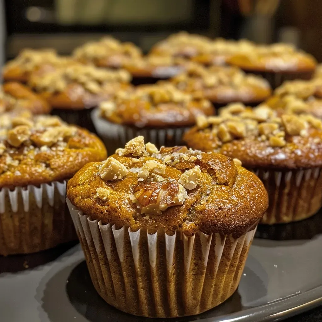 Side view of a delicious Kürbis-Pekannuss muffin, highlighting its fluffy top and nutty bits.