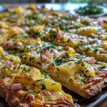 A side view of a Kürbis-Protein-Flammkuchen topped with pumpkin, onions, and herbs.
