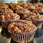 Close-up view of Kürbis-Schokolade Muffins showcasing a moist texture with chocolate chips.