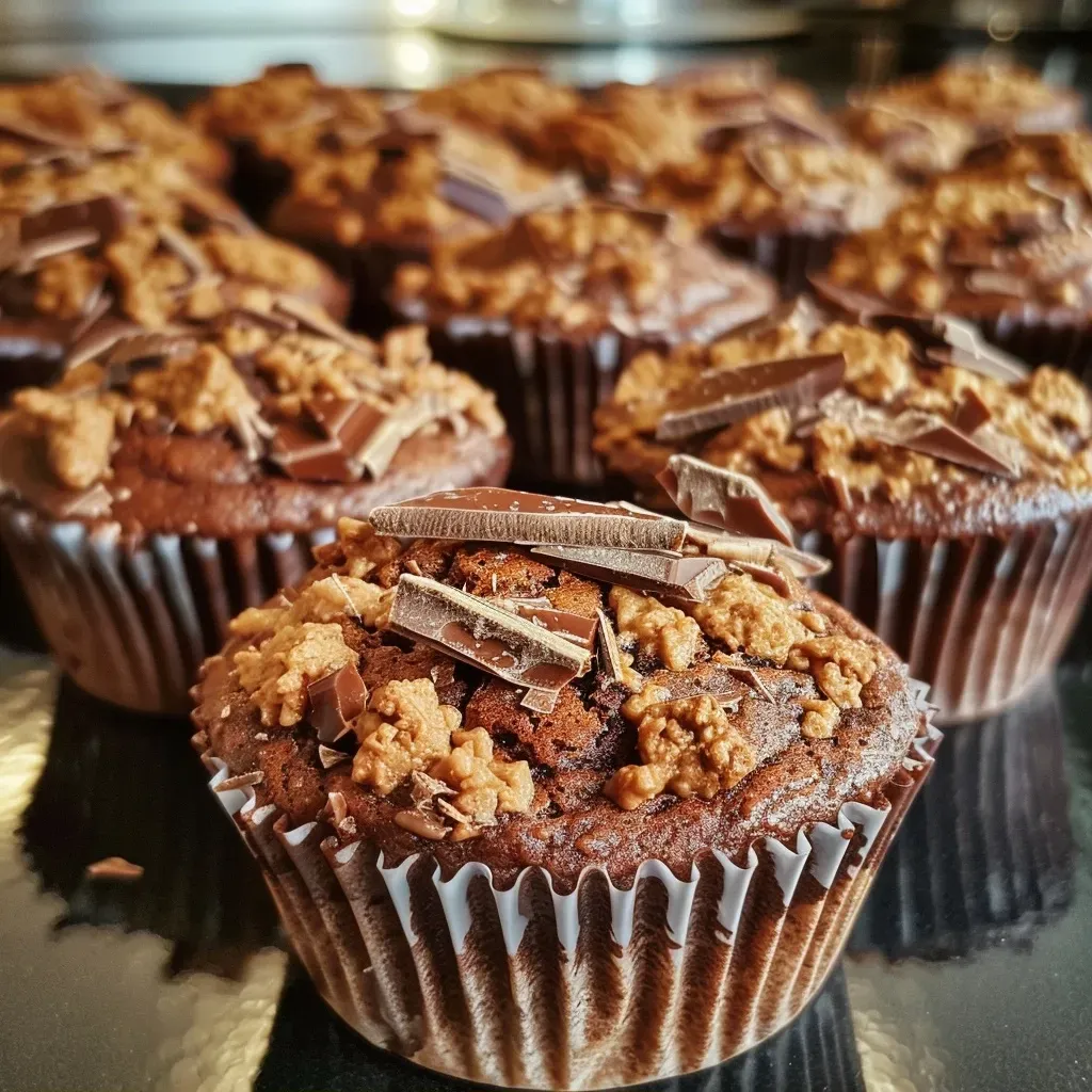 Close-up view of Kürbis-Schokolade Muffins showcasing a moist texture with chocolate chips.