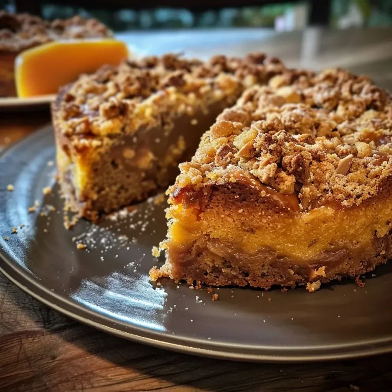 Close-up view of a moist Kürbis Streuselkuchen with a crumbly topping.