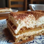 A close-up side view of a creamy Kürbis Tiramisu with layers of pumpkin and mascarpone.