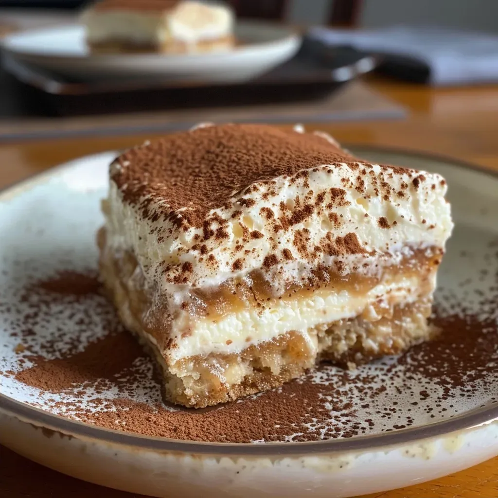 Side view of a slice of Kürbis Tiramisu showcasing its rich texture and pumpkin flavor.