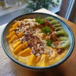 Close-up shot of a high protein Kürbiskuchen bowl, showcasing vibrant orange pumpkin puree and topped with almond slivers.