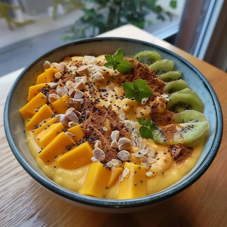 Kürbiskuchen-Bowl für ein herzhaftes Frühstück — Proteinreich und unwiderstehlich! Close-up shot of a high protein Kürbiskuchen bowl, showcasing vibrant orange pumpkin puree and topped with almond slivers.