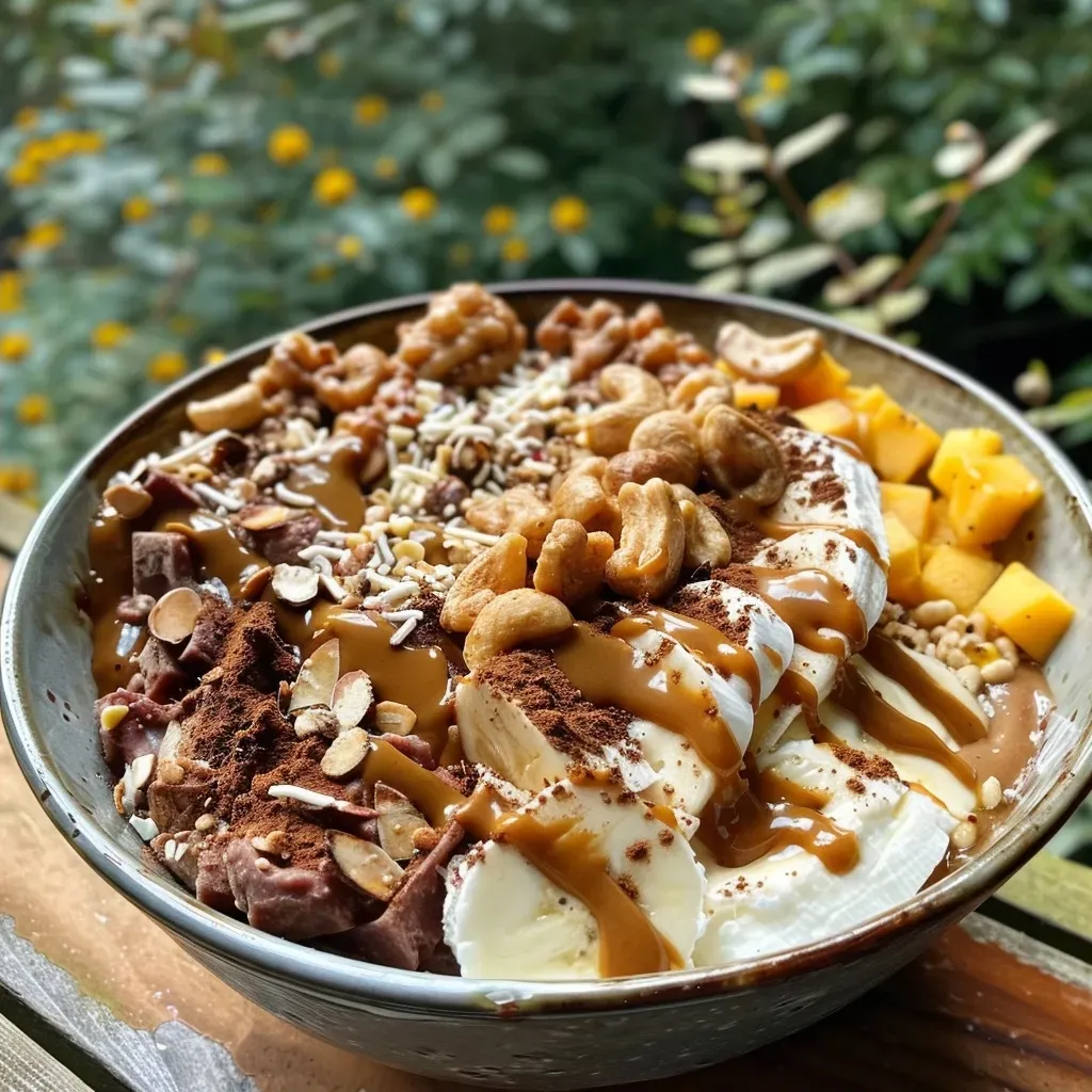 Side view of a delicious Kürbiskuchen bowl filled with oats and pumpkin, garnished with spices and a drizzle of almond butter.