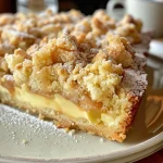 ['Close-up side view of a moist pumpkin cake topped with cinnamon crumbles.', 'Detailed shot of Kürbiskuchen featuring a rich pumpkin filling and crumbly cinnamon topping.', 'Juicy pumpkin cake with a golden-brown cinnamon streusel, captured from the side.', 'Side angle of Kürbiskuchen with a sprinkle of cinnamon streusel, showcasing its texture.']