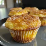Close-up side view of golden Kürbismuffins on a rustic table.