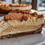 Close-up side view of a creamy Lotus cheesecake topped with crumbs.