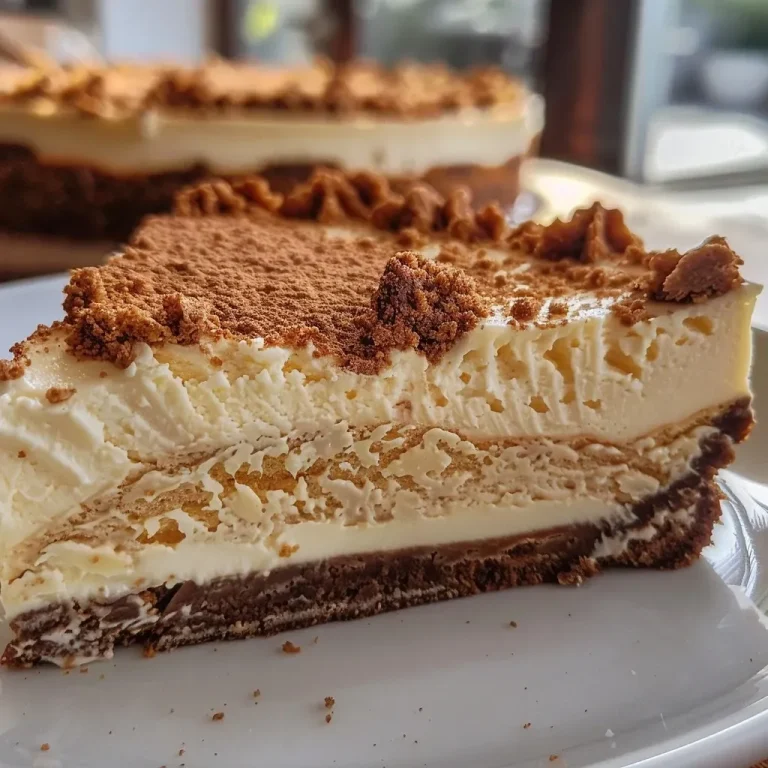 Der unwiderstehliche Lotus Cheesecake — Karamellgenuss ohne Backen Close-up side view of a creamy Lotus cheesecake topped with crumbs.