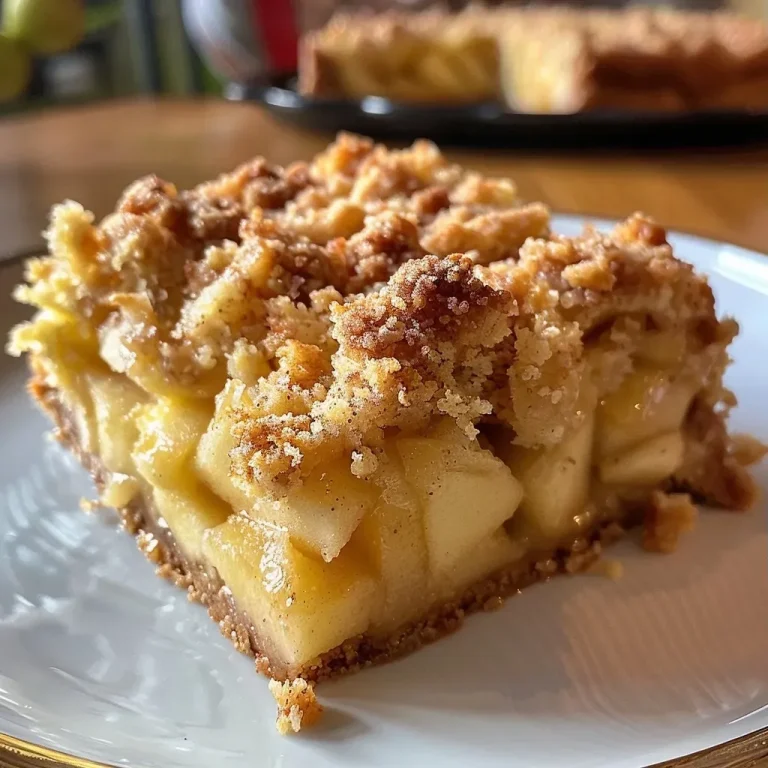 Close-up image of a slice of low carb apple cake with streusel topping.