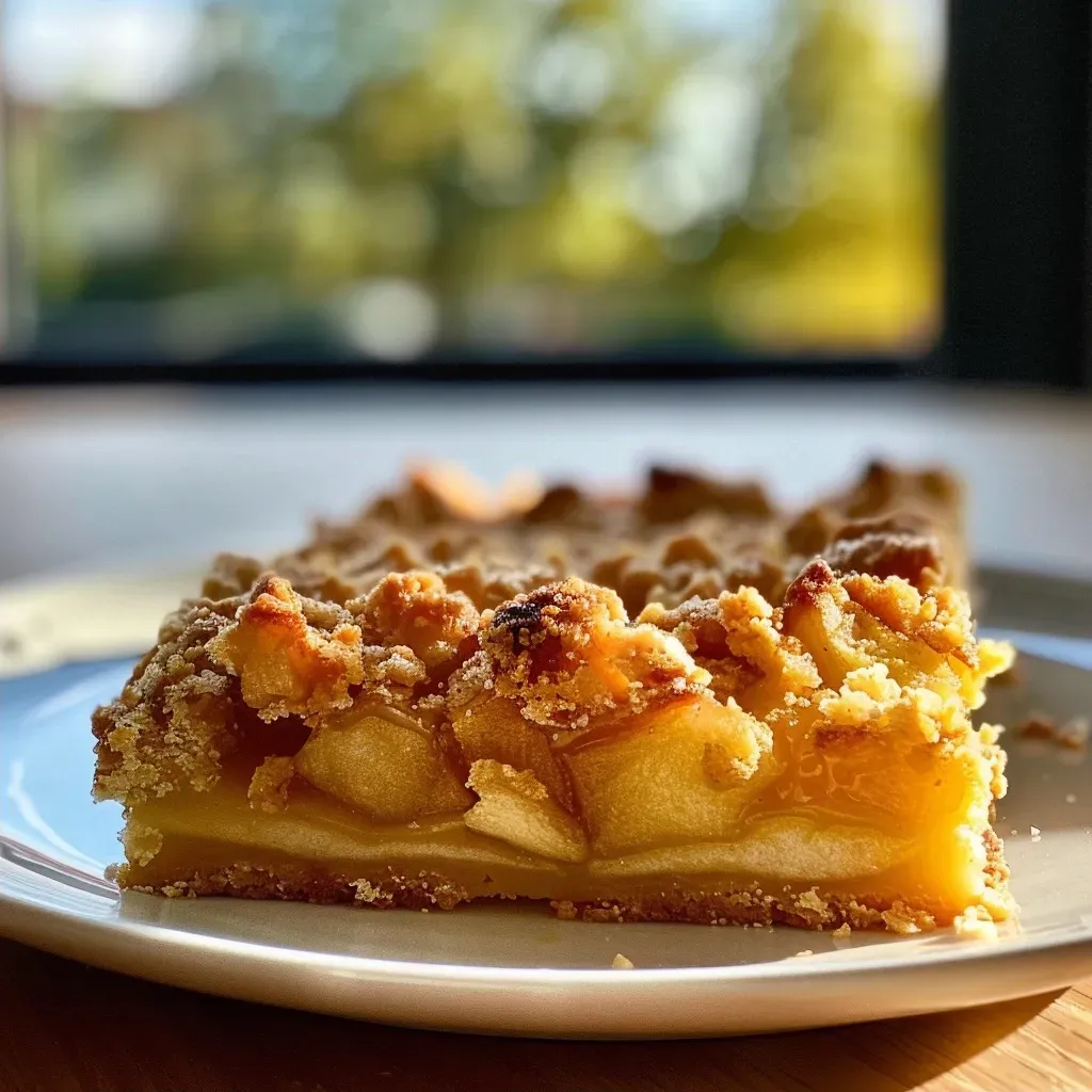 Side view of a juicy low carb apple cake adorned with crunchy streusel.