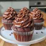 Close-up of a decadent chocolate cupcake topped with chocolate frosting and colorful sprinkles.