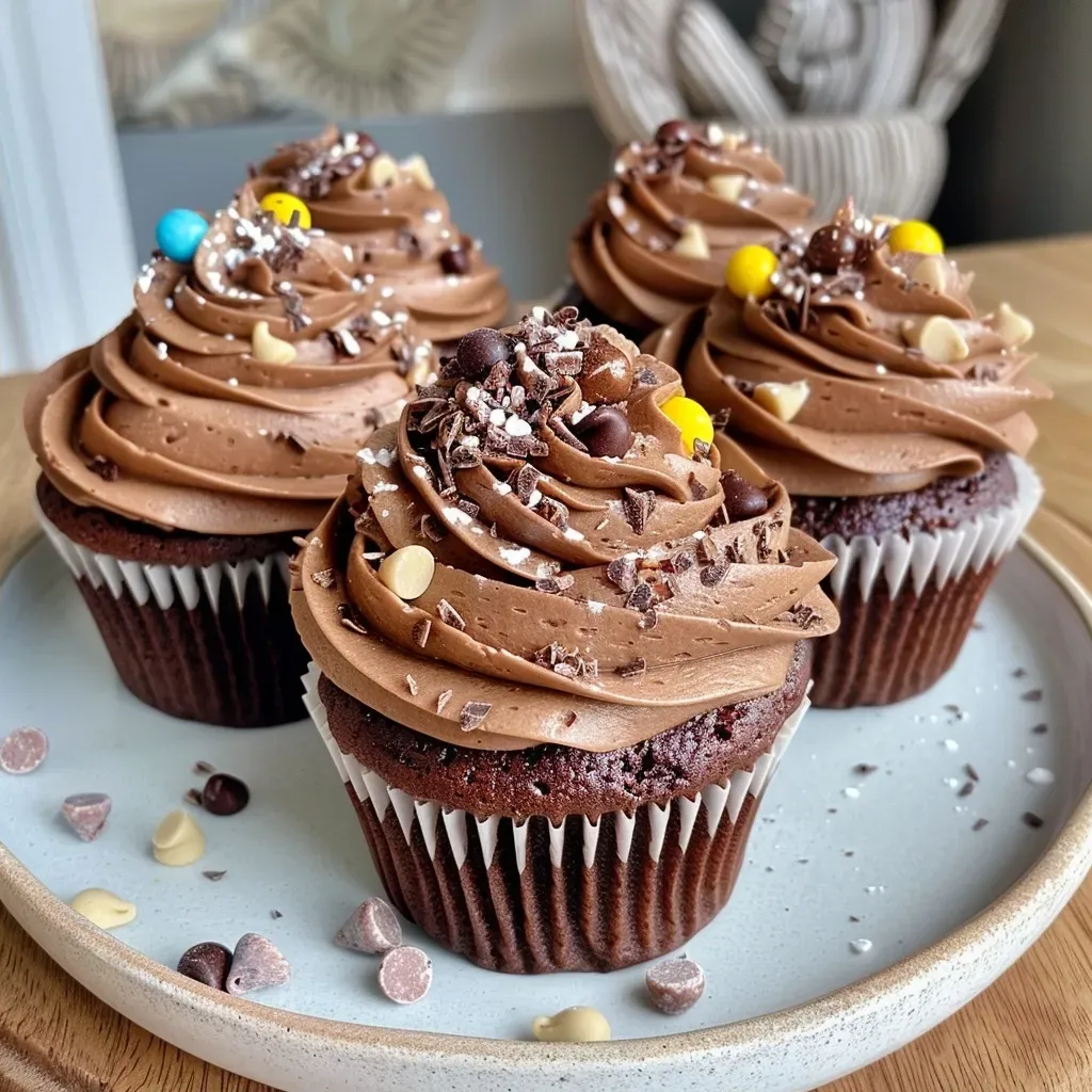 Side view of an air-fried chocolate cupcake with rich cream frosting and chocolate shavings.