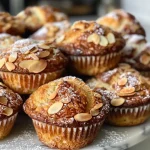 A close-up side view of a golden almond croissant muffin topped with sliced almonds.