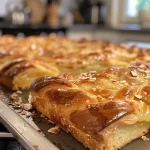 Close up of a moist Mandelkuchen with a glossy chocolate glaze and whole almonds on top.