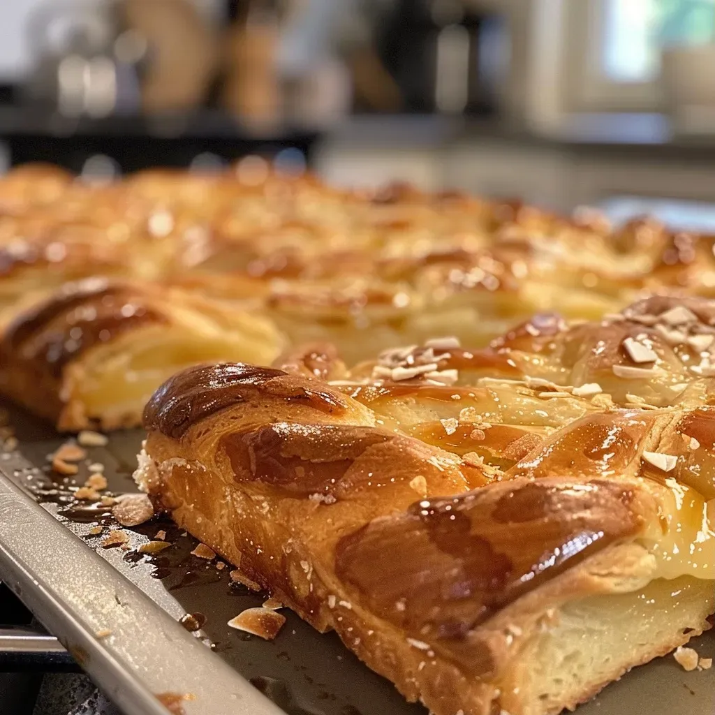 Close up of a moist Mandelkuchen with a glossy chocolate glaze and whole almonds on top.