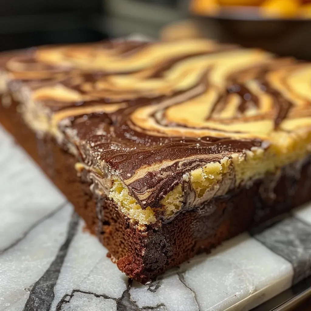 Close-up side view of a traditional German marble cake on a plate.