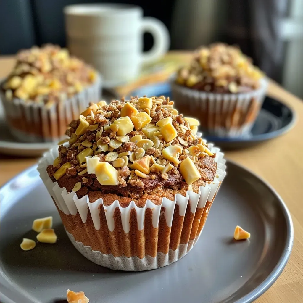 Side view of moist Maronen Muffins with walnuts and chocolate decorations.