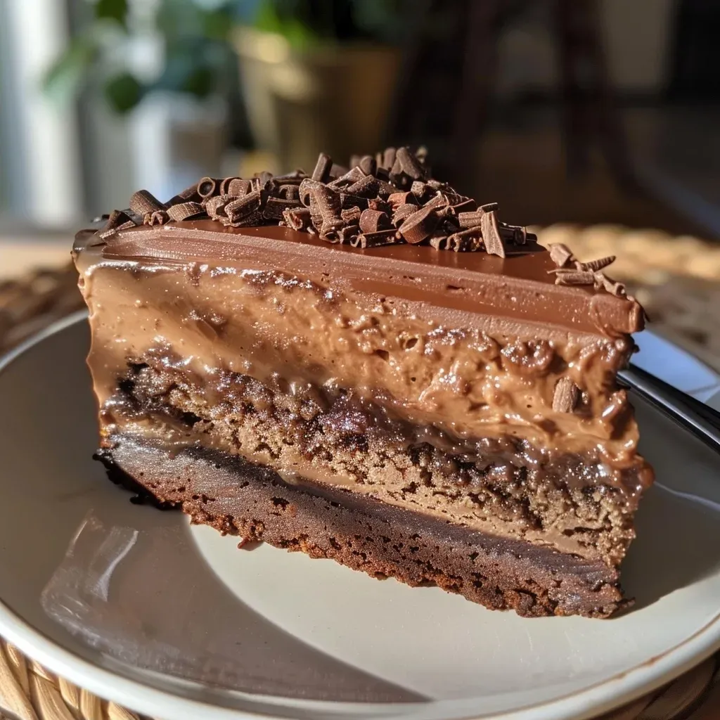 Side view of a slice of Maronen-Schoko-Kuchen showcasing its rich texture.