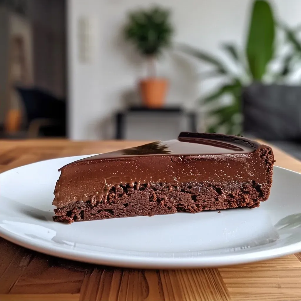 Side profile of a rich Maronen Schokoladen-Kuchen on a plate.