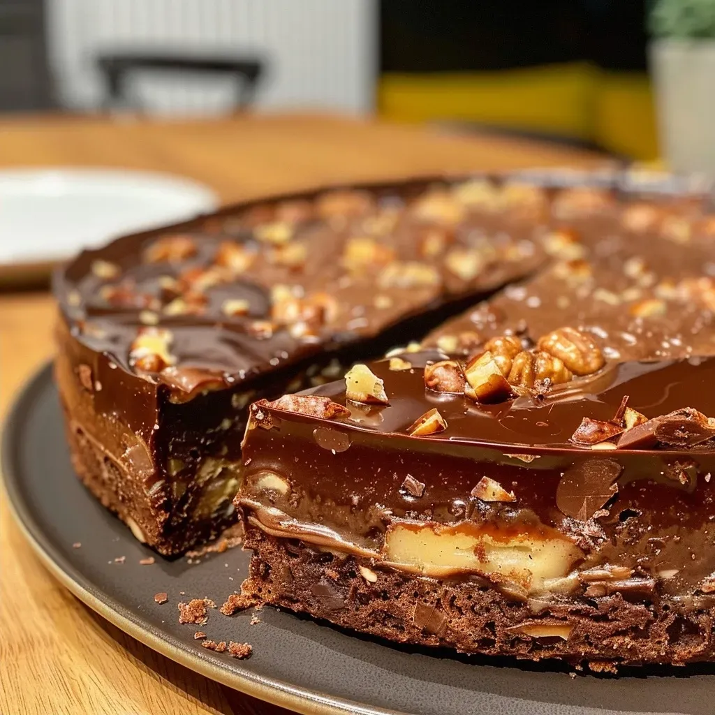 Side view of a Maronen- und Schokoladenkuchen, highlighting its rich layers.
