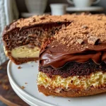 A close-up side view of a luscious chocolate chestnut cake.