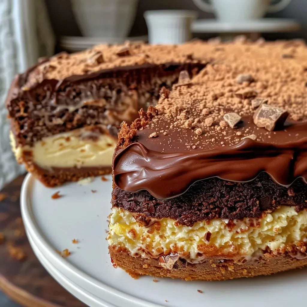A close-up side view of a luscious chocolate chestnut cake.