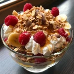 Close-up of a delicious Maroni Birnen Parfait in a glass dish.
