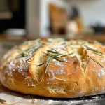 Close-up view of a rustic Mediterranean rosemary bread loaf, showing a golden crust and a fluffy interior.