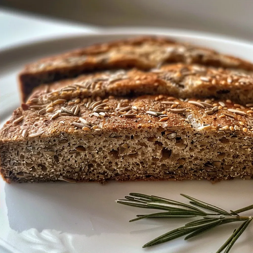 Side view of freshly baked Mediterranean rosemary bread, highlighting its textured crust and aromatic topping.