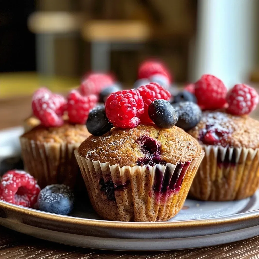 Close-up of freshly baked muffins studded with blueberries and raspberries.