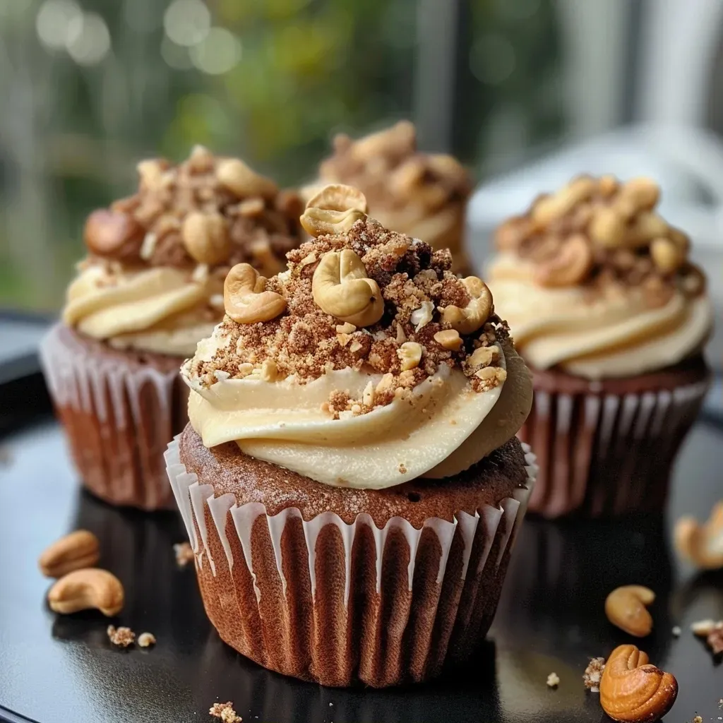 Close-up view of a Nuss Cupcake, showcasing its moist texture and nutty toppings.