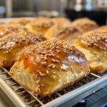 Close-up view of Nussecken, a nutty pastry, displayed on a wooden plate.