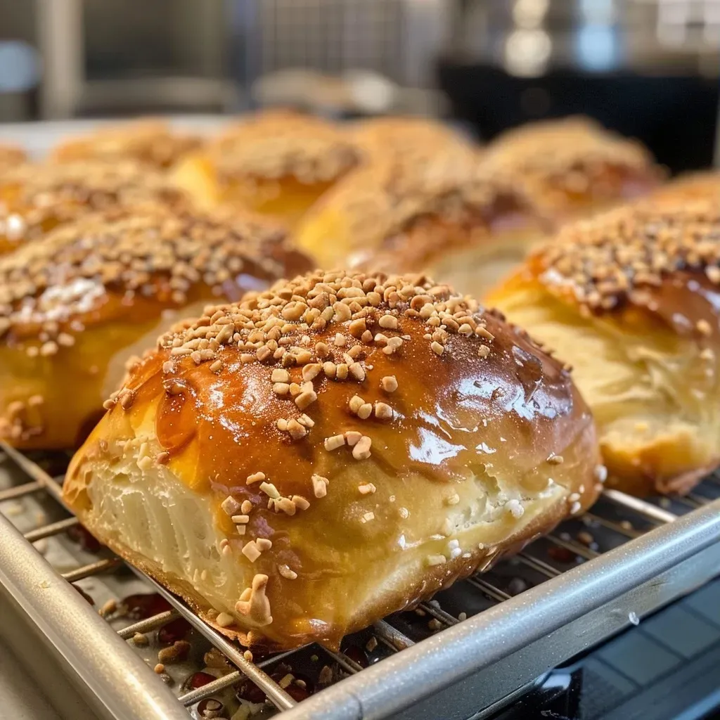Close-up view of Nussecken, a nutty pastry, displayed on a wooden plate.