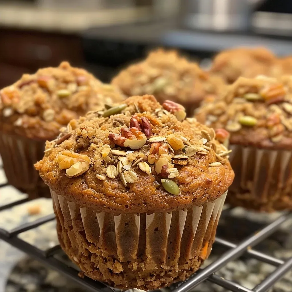 Side perspective of golden-brown muffins featuring oats, nuts, and shredded carrots.