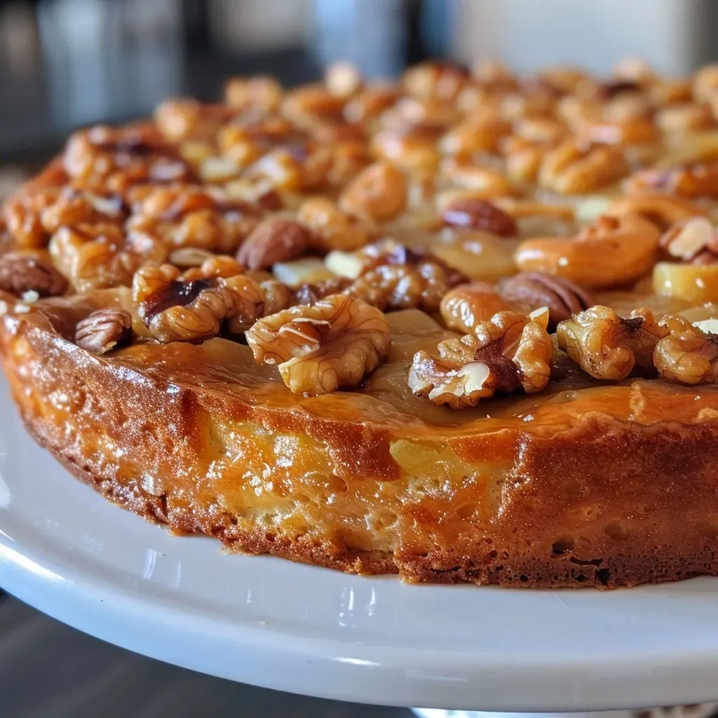 Side view of a moist Nusskuchen vom Blech, highlighting its golden crust and nut topping.