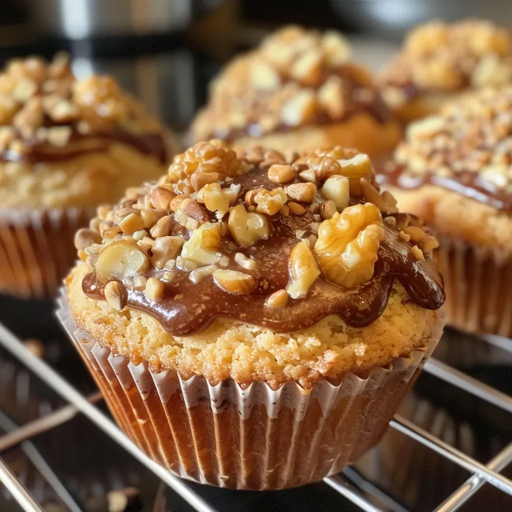 A close-up side view of a Nussmuffin topped with caramel and chopped nuts.