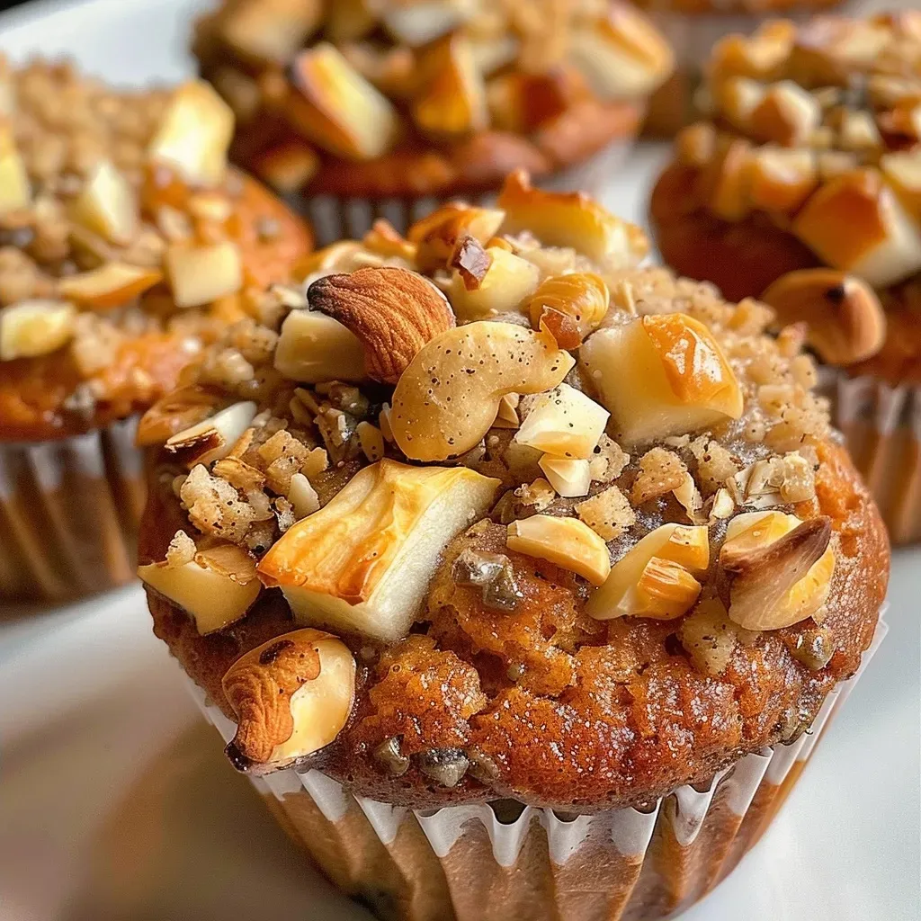 Side view of moist Nusswind Herbstmuffins filled with apple bits and nuts, highlighting their fluffy texture.