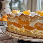 Close-up side view of Oma's Käse-Sahne-Torte topped with mandarin orange slices.