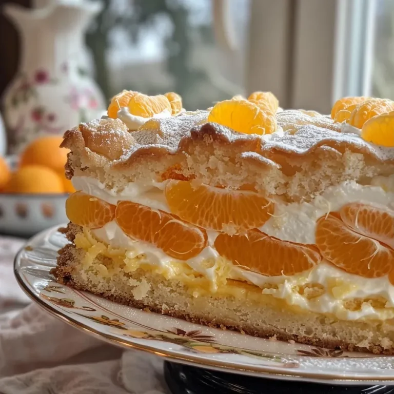 Himmlische Käse-Sahne-Torte nach Omas Geheimrezept Close-up side view of Oma's Käse-Sahne-Torte topped with mandarin orange slices.