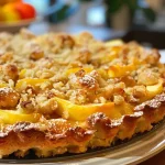 Close-up of a slice of Pflaumenkuchen topped with cinnamon streusel.